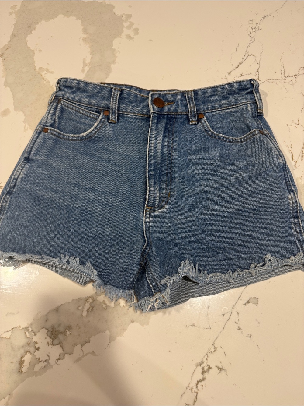 Wrangler Medium Blue High-Rise Frayed Hem Jean Shorts - 25